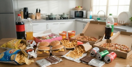 机の上にひろがるジャンクフード