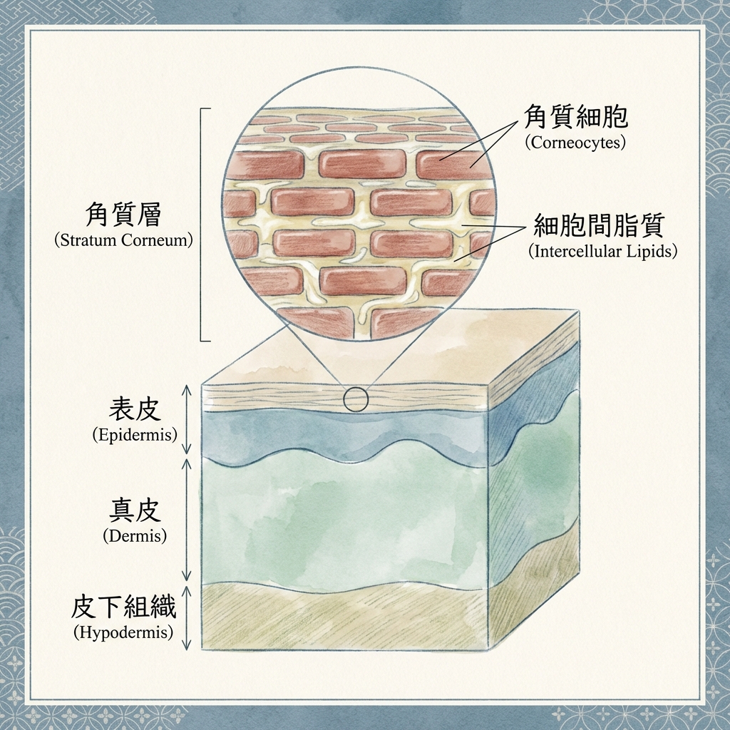 肌の断面図とバリア機能の役割を示したイラスト