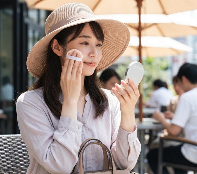 カフェのテラスで帽子をかぶりメイクを直す女性