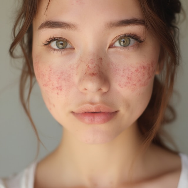 頬に赤みや斑点がある女性の顔、肌トラブルを気にしている様子