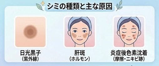 シミの種類と主な原因についてのイラスト