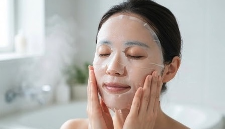 パックで保湿ケアをする女性