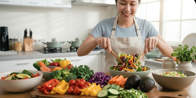 たくさんの野菜を料理している女性