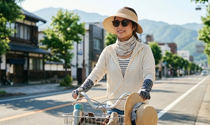 紫外線対策をばっちりして自転車に乗る女性
