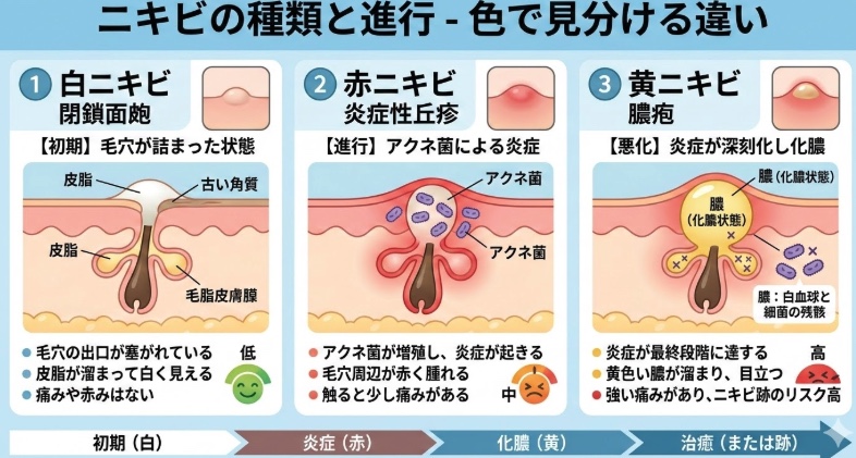 ニキビの種類（赤・白・黄）の違いを示す比較図