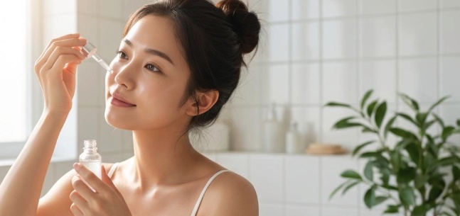 美容液を頬に垂らしている女性