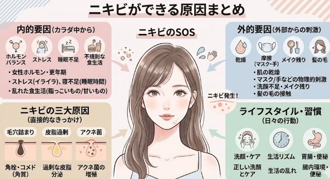 ニキビができる原因まとめイラスト
