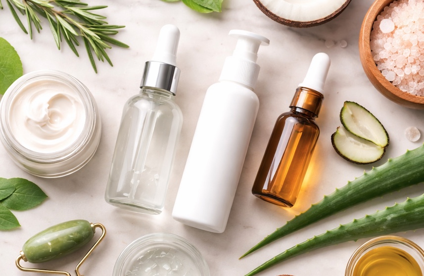 大理石の上に置かれた化粧品